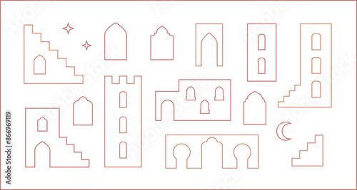 Line arabic old city buildings, houses, arches. Simple outline vector medina, star, crescent shapes