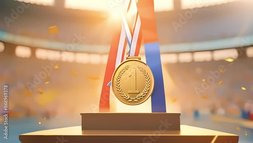 Olympic gold medal number 1 displayed on the stadium podium