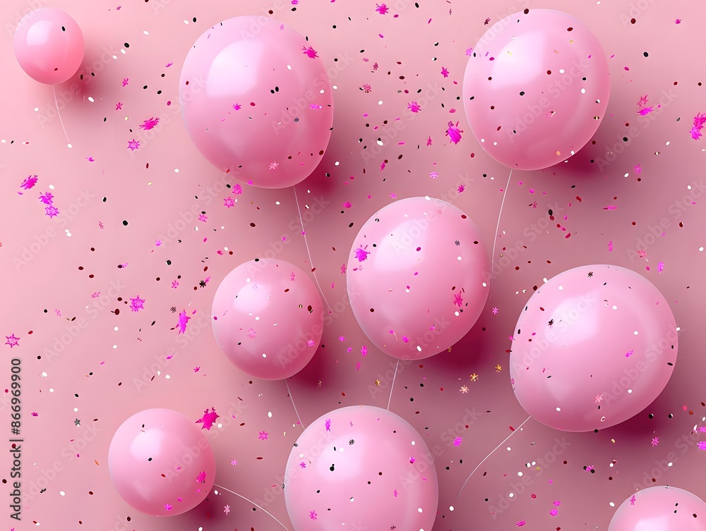 Pink balloons with small black and pink confetti stars on a light pink background, great for elegant and fun party themes