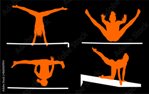 gimnasia, deportes, acrobatas, gimnastas, silueta, vectores