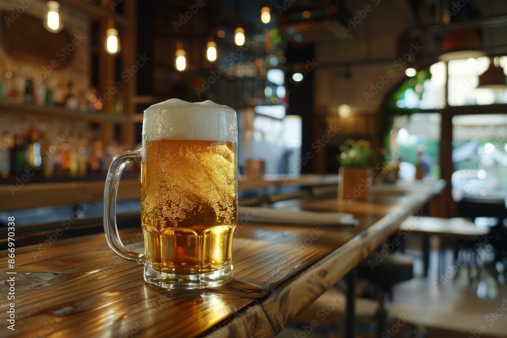 Freshly poured glass of beer sits on a bar top, with the rest of the pub out of focus Freshly poured glass of beer sits on a bar top, with the rest of the pub out of focus