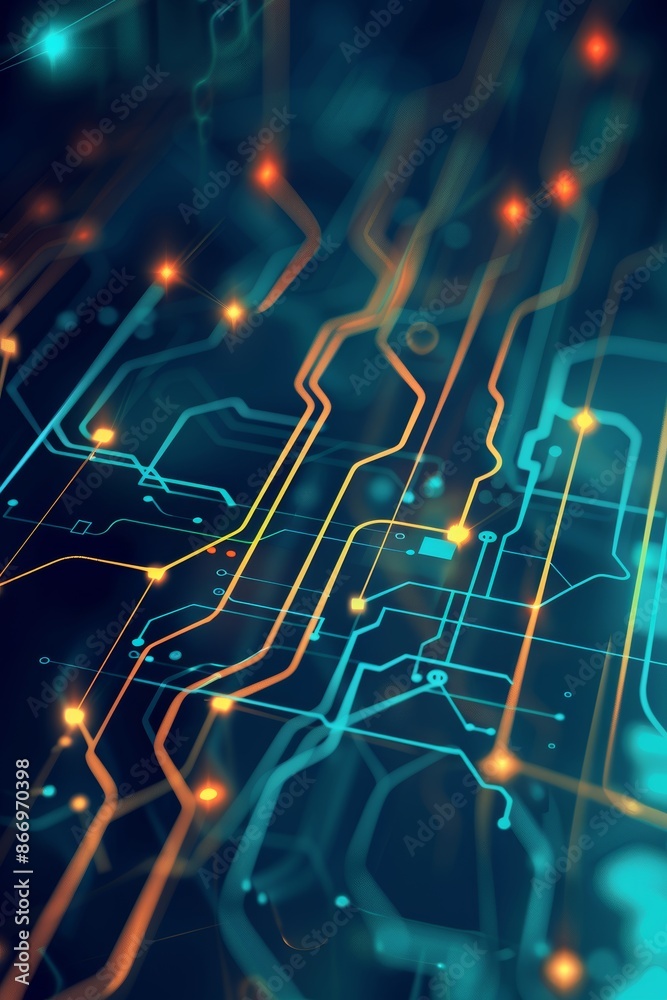 Fototapeta premium Glowing blue circuit board in dark space with radiant light lines for abstract tech concept
