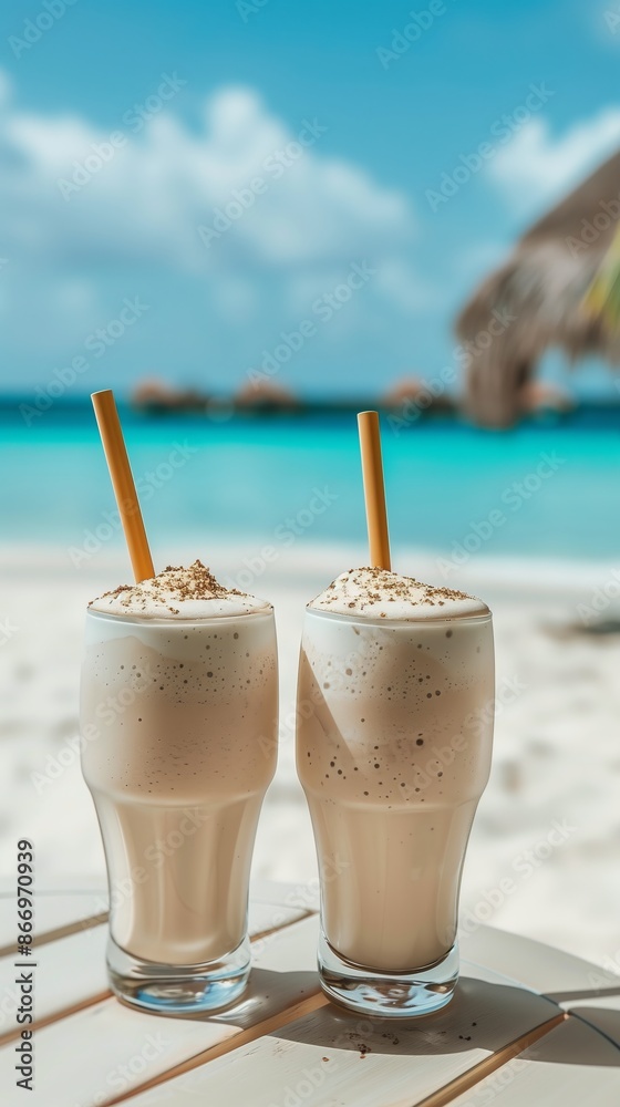 glasses with milkshake, on a table on the beach. milkshake glasses with milkshake, on a table on the beach. milkshake