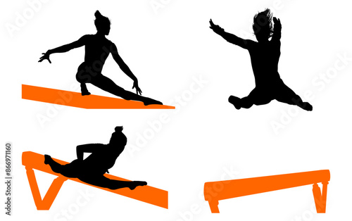 gimnasia, deportes, acrobatas, gimnastas, silueta, vectores