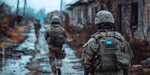 Ukrainian soldiers reflecting on lost time and sacrifices, standing at the beginning of an inevitable, difficult path, with visible symbols of Ukrainian military and national identity