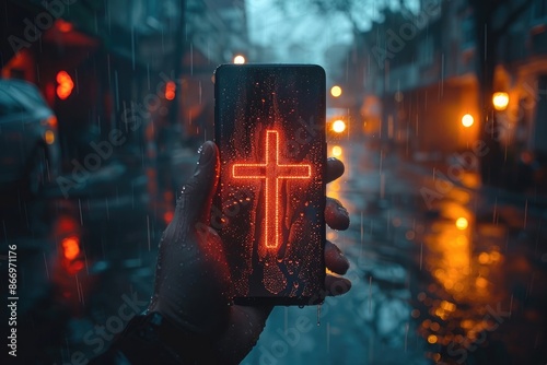 Smartphone with a cross on the screen. Concept of faith, technology, modernity, spirituality and connection