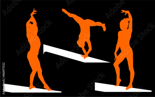 gimnasia, deportes, acrobatas, gimnastas, silueta, vectores