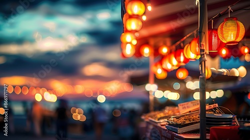 Street Food Stall with Colorful Lanterns and Bokeh Lights photo