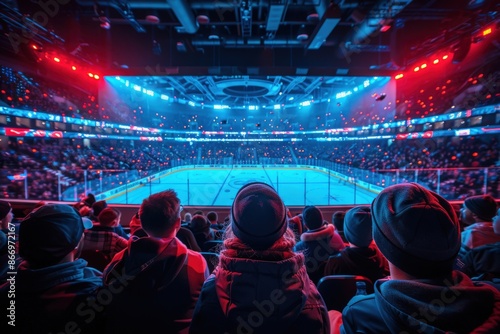 A group of spectators enjoying an exciting ice hockey game in a lively arena, showcasing the thrill of watching live sports events and the community spirit. photo