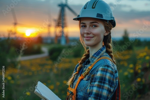 A female engineer smiling while standing at a wind farm with a notepad, showcasing professionalism, environmental stewardship, and the pursuit of sustainable energy solutions. photo
