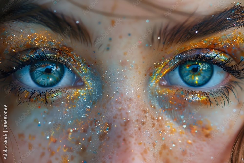 Close-Up Of A Womans Blue Eyes With Gold Glitter Makeup Close-Up Of A Womans Blue Eyes With Gold Glitter Makeup