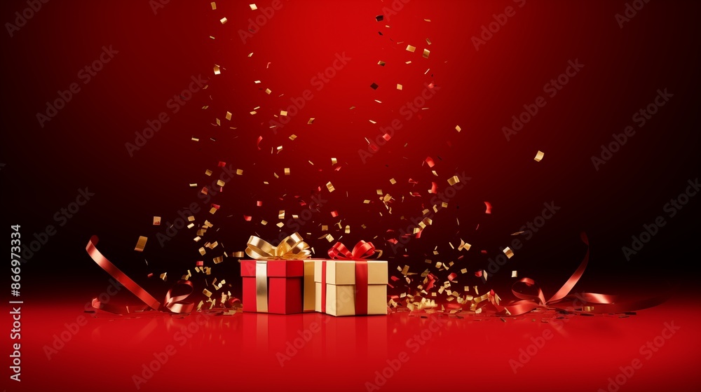 Festive Gift Box with Ribbon and Confetti on a Red Background Festive Gift Box with Ribbon and Confetti on a Red Background
