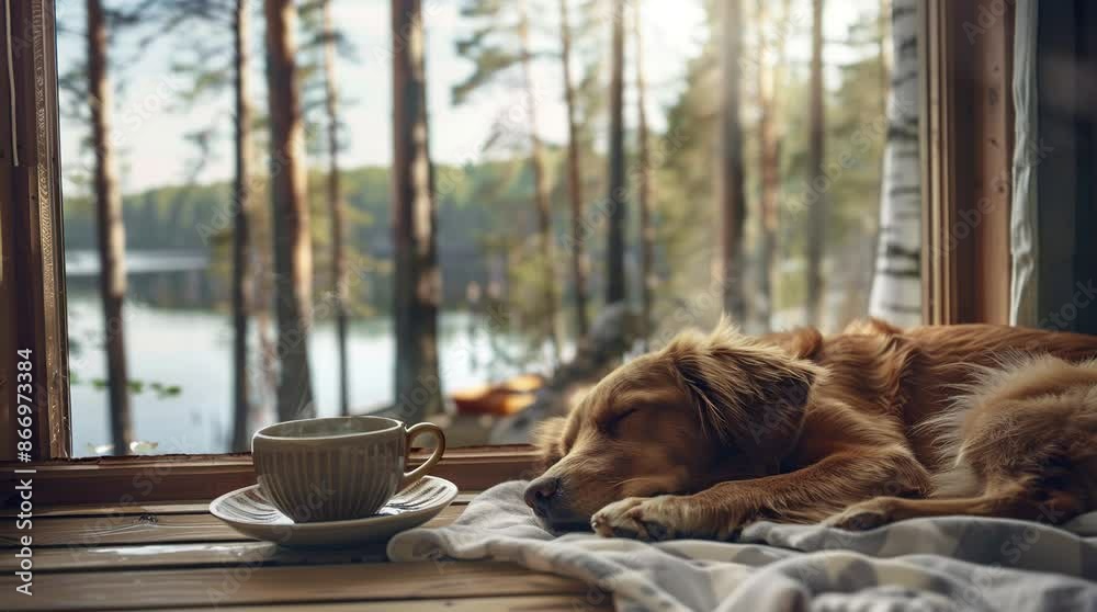 Dog sleeping next to coffee on a table by a window with a view of a pine forest and lake. Cozy and serene scene.
 Seamless looping 4k time-lapse virtual video animation background. Generated AI