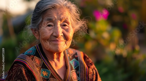 Portrait of Elderly Woman Smiling in Natural Light with Traditional Embroidered Attire. Generative AI. © seelya