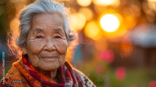 Portrait of Elderly Woman with Bright Smile in Golden Sunset Light Wearing Colorful Scarf. Generative AI.