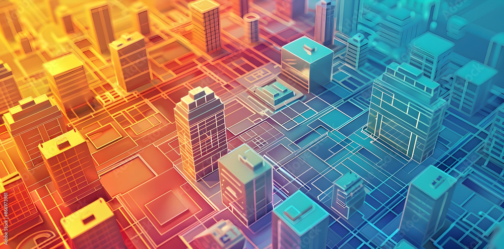 3D Cityscape Illustration of Buildings and Grids in Orange and Blue 3D Cityscape Illustration of Buildings and Grids in Orange and Blue