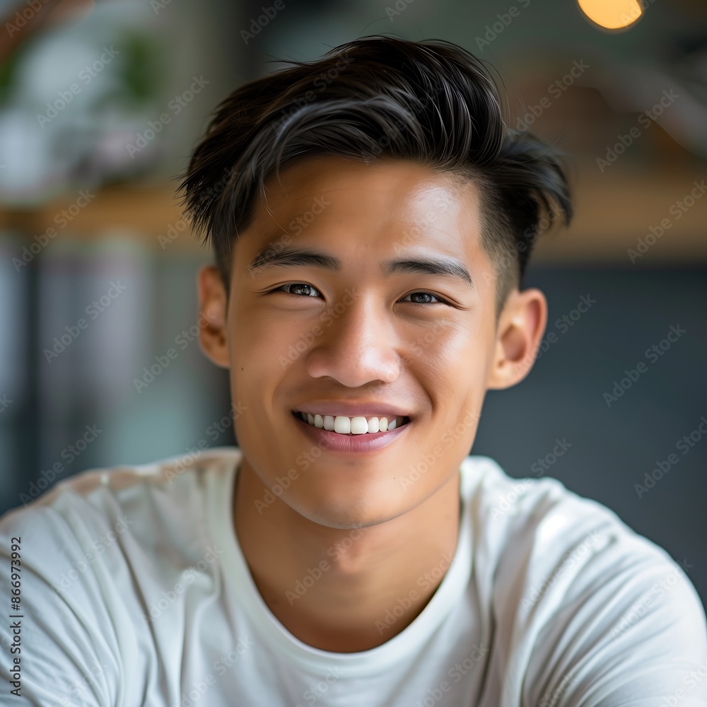 Smiling Young Asian Man in Casual Wear with Friendly Expression. Generative AI. Smiling Young Asian Man in Casual Wear with Friendly Expression. Generative AI.