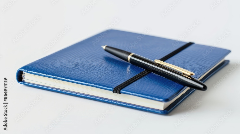 Blue notebook with black pen on white surface Blue notebook with black pen on white surface
