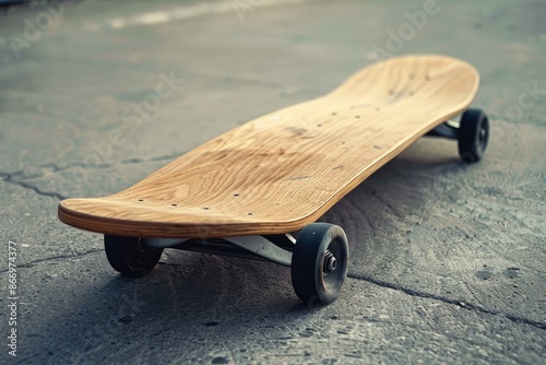 Longboard made of wood is standing on a rough concrete surface