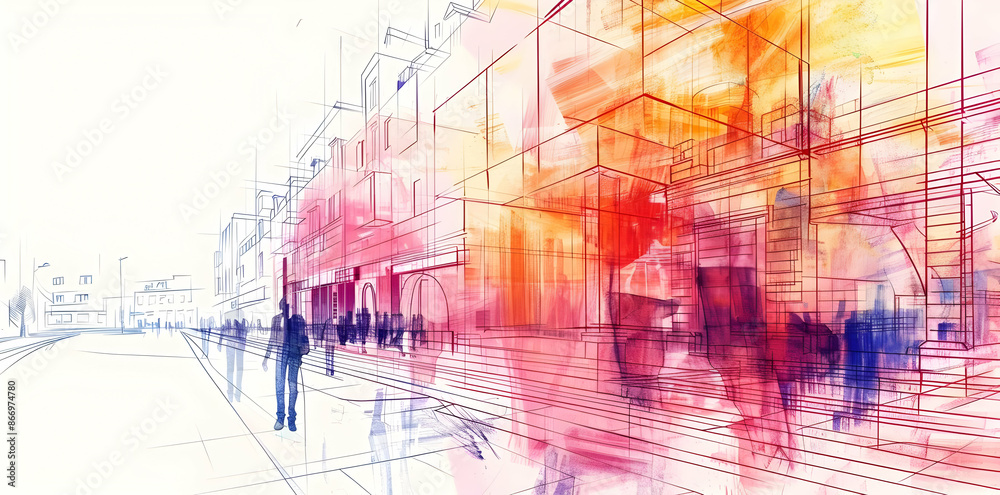 Abstract Watercolor Illustration of City Street with Buildings and People Abstract Watercolor Illustration of City Street with Buildings and People