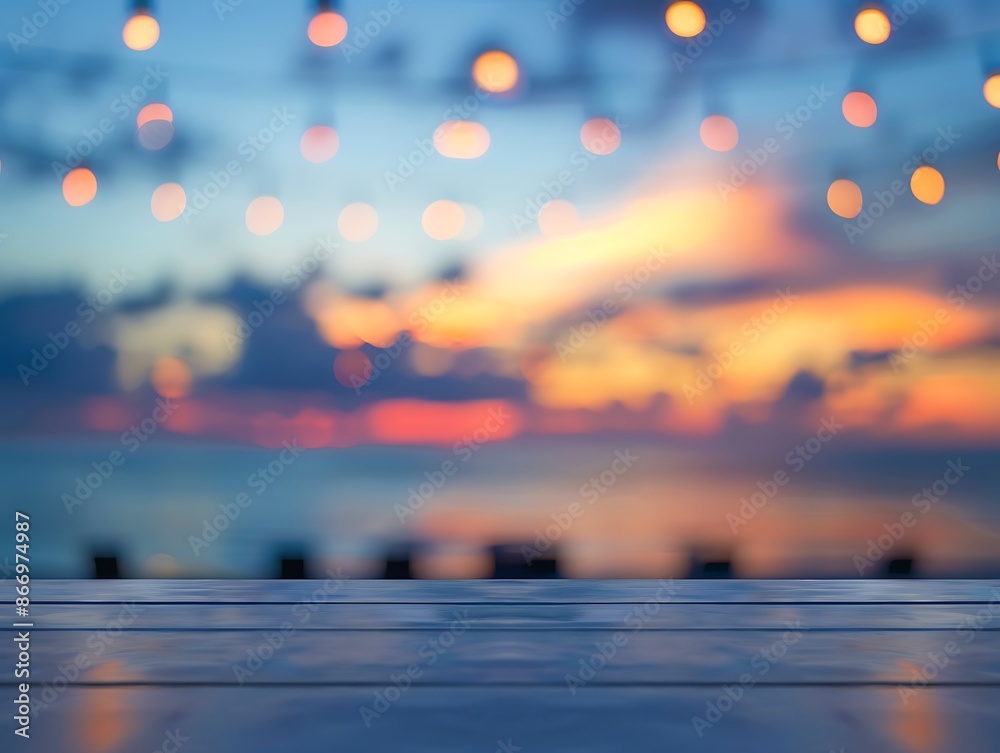 Sunset Beach with Wooden Plank and Bokeh Lights Sunset Beach with Wooden Plank and Bokeh Lights