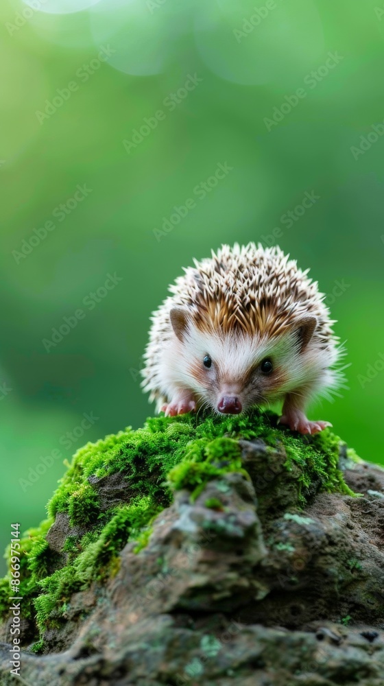 Hedgehog on moss-covered rock in nature, close-up view. Wildlife and forest concept Hedgehog on moss-covered rock in nature, close-up view. Wildlife and forest concept