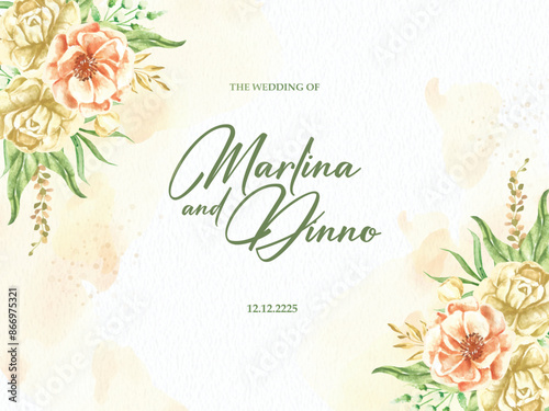 Happy wedding invitation with splash and flowers watercolor arrangement