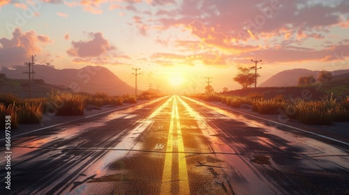 A road with a yellow line and a sunset in the background. The road is wet and the sun is setting © EUT