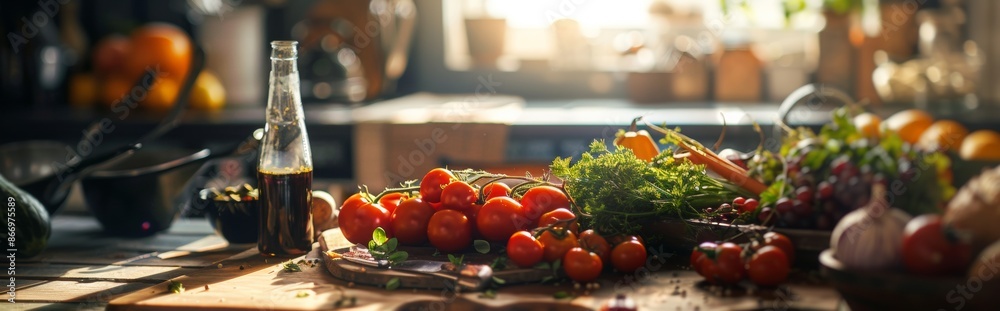 Fresh ingredients on a rustic kitchen table Fresh ingredients on a rustic kitchen table