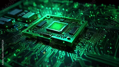 A close-up of a computer circuit board with a glowing green processor. photo