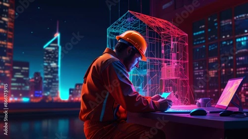 A construction worker wearing a hard hat is using a laptop in front of a futuristic city. photo