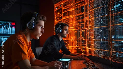 Two young men are sitting in front of a large orange glowing wall with a grid pattern. They are both wearing headphones and the man on the left is holding a tablet. photo