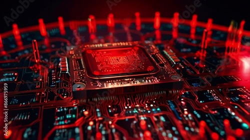 A close up of a computer processor with red lighting. photo