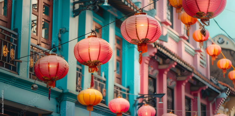 Chinese Lanterns Hanging Over Colorful Buildings Photo Chinese Lanterns Hanging Over Colorful Buildings Photo
