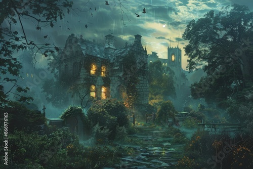 Spooky gothic manor house with glowing windows in a graveyard next to a church under a dramatic sky with rain falling and birds flying on halloween night