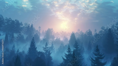 A serene forest landscape at dawn, with sunlight filtering through the mist. Generative AI © Анатолий Савицкий