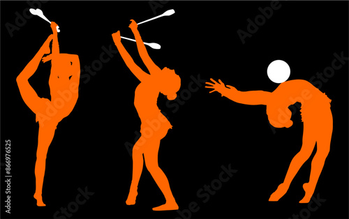 aro, gimnasia, deportes, acrobatas, gimnastas, silueta, vectores, bola. liston