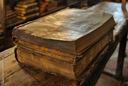 Old, weathered book with a worn leather cover lying on a wooden shelf in a library © ylivdesign