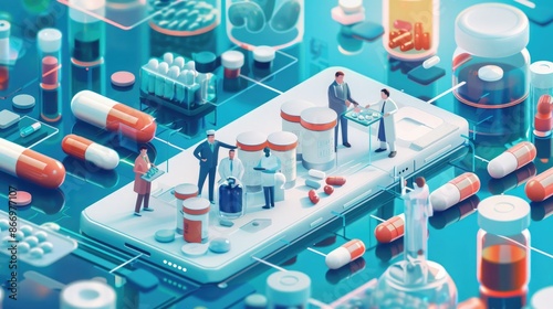 Miniature people on a smartphone surrounded by pills and medical items, depicting digital healthcare and online pharmacy concepts.