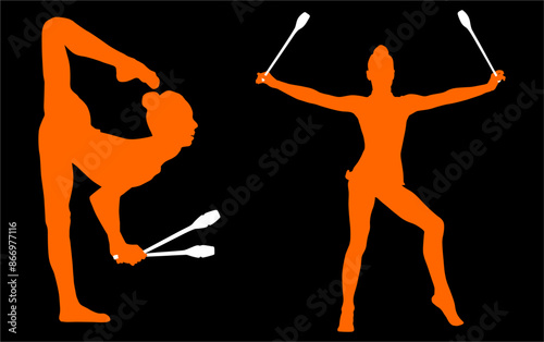 aro, gimnasia, deportes, acrobatas, gimnastas, silueta, vectores, bola. liston