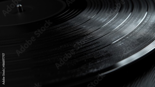 Close-up of black vinyl record with grooves photo