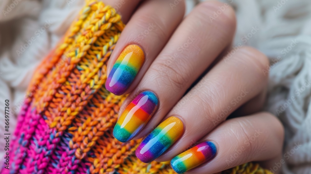 Obraz premium Hand with rainbow-colored nails holding a multicolored knitted fabric