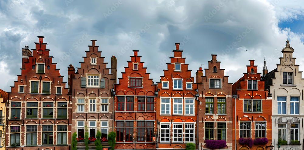 Row of Traditional Brick Buildings with Arched Windows in Bruges, Belgium Photo Row of Traditional Brick Buildings with Arched Windows in Bruges, Belgium Photo