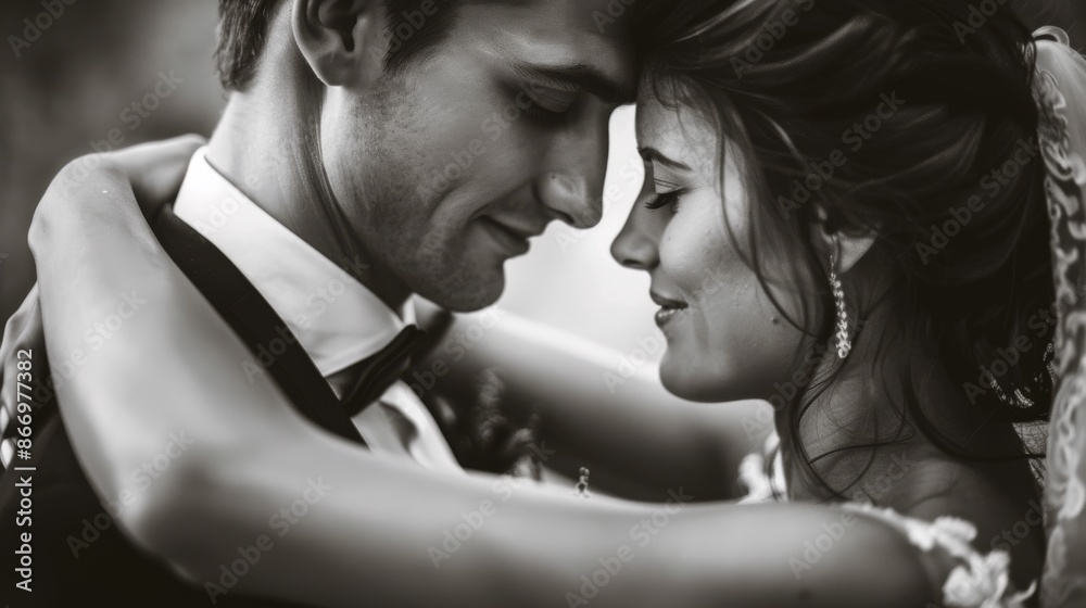 A man and woman are embracing each other in a wedding photo. The man is wearing a suit and tie, and the woman is wearing a wedding dress. The photo captures a moment of love A man and woman are embracing each other in a wedding photo. The man is wearing a suit and tie, and the woman is wearing a wedding dress. The photo captures a moment of love