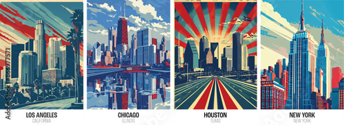 Famous American cities poster collection. USA red white and blue city prints