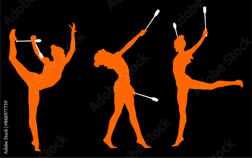 aro, gimnasia, deportes, acrobatas, gimnastas, silueta, vectores, bola. liston