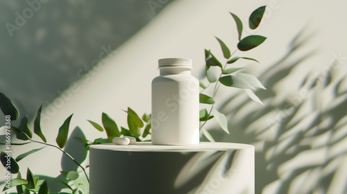 A photorealistic mockup of a white opaque pills bottle, standing in a short podium, illuminated with a single source of light, with vivid vegetal elements in the background, neutral ambience 