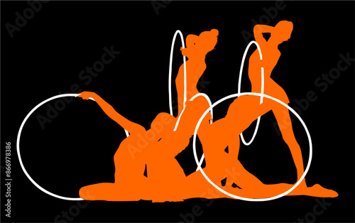 aro, gimnasia, deportes, acrobatas, gimnastas, silueta, vectores, bola. liston