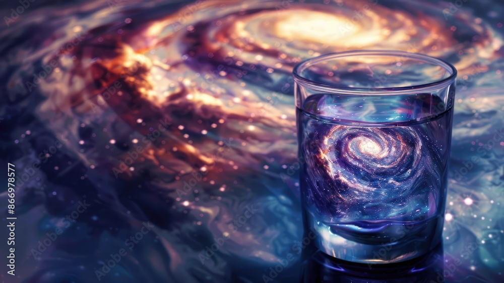 Glass of water with cosmic vortex and swirling galaxy inside Glass of water with cosmic vortex and swirling galaxy inside
