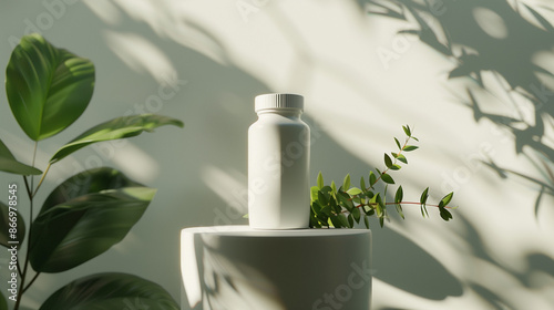 A photorealistic mockup of a white opaque pills bottle, standing in a short podium, illuminated with a single source of light, with vivid vegetal elements in the background, neutral ambience 